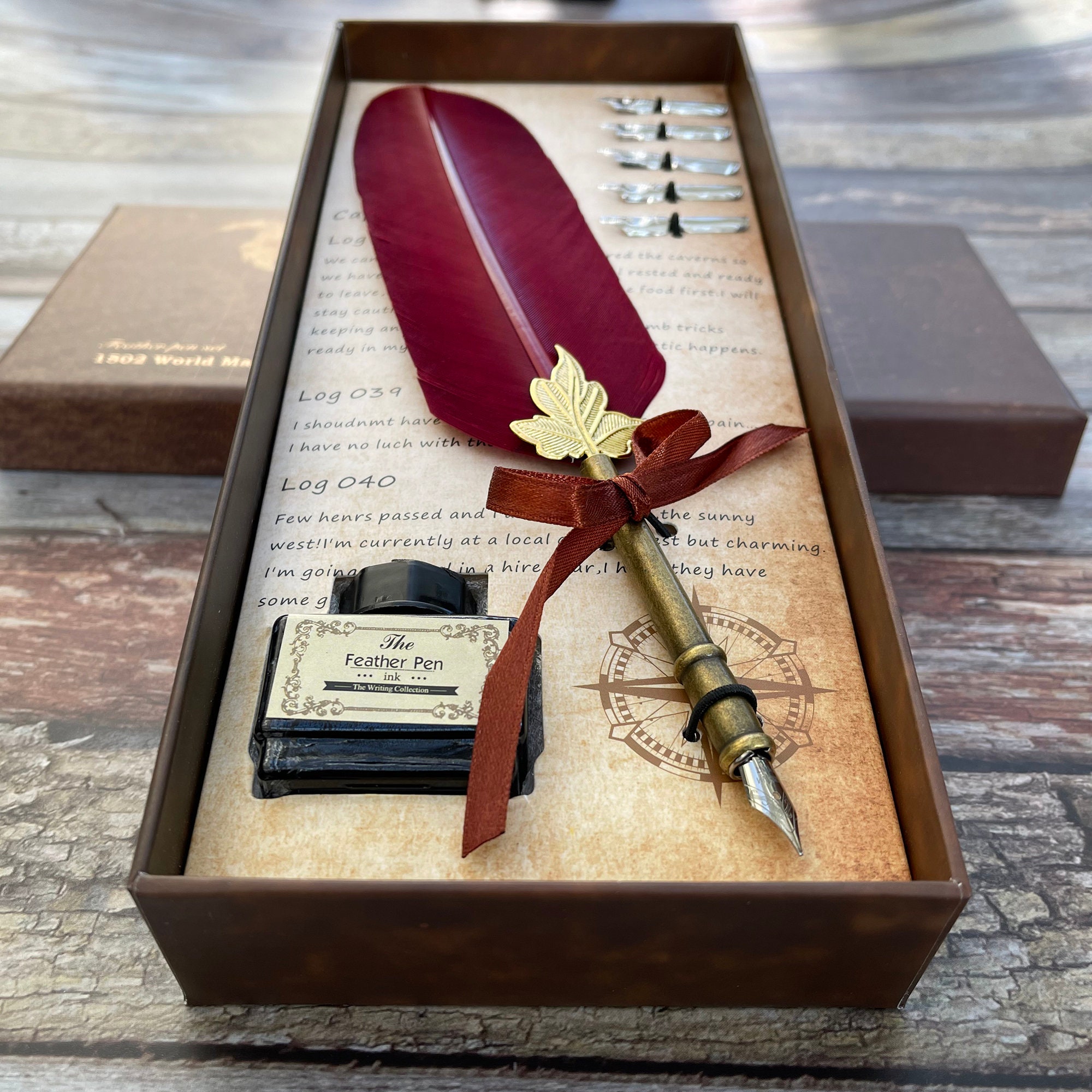 Customized Classic Elegant Feather Pen Antique Vintage Red Quill Pen and Black Ink Set in Gift Box Gifts for Artists and Writers
