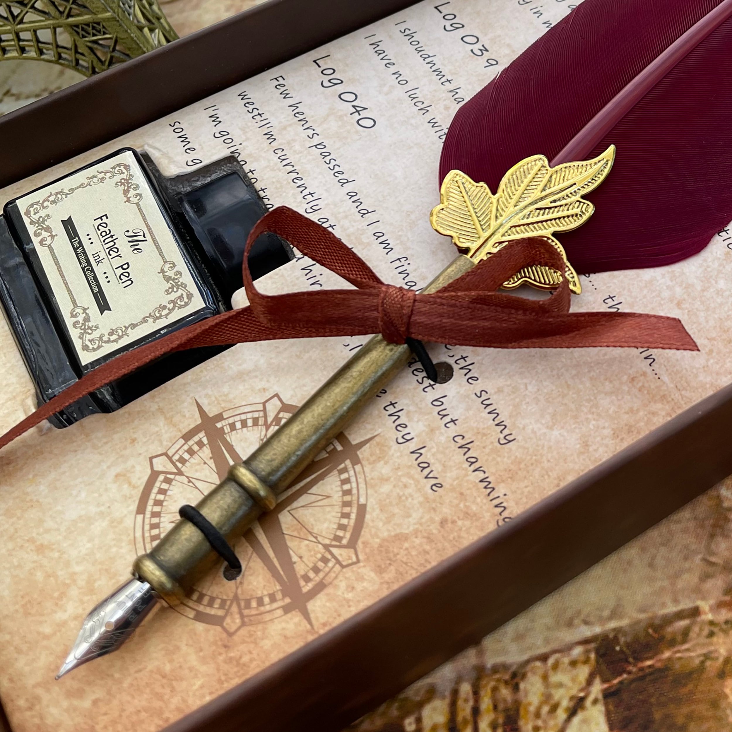 Customized Classic Elegant Feather Pen Antique Vintage Red Quill Pen and Black Ink Set in Gift Box Gifts for Artists and Writers