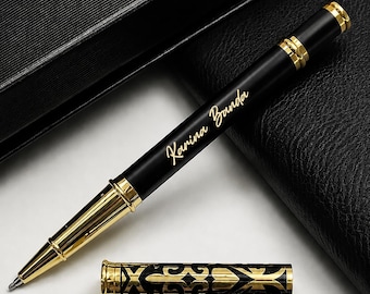 Personalized Black Lacquer Pen Engraved Gold Accent Luxury Pen, Wedding Gift for Him