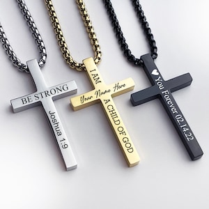 Personalized cross necklace mens gold cross pendant, mens cross, boyfriend gift, mens silver cross jewelry with a name engraved, Black Cross image 1