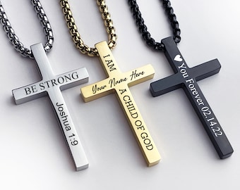 Personalized cross necklace mens gold cross pendant, mens cross, boyfriend gift, mens silver cross jewelry with a name engraved, Black Cross