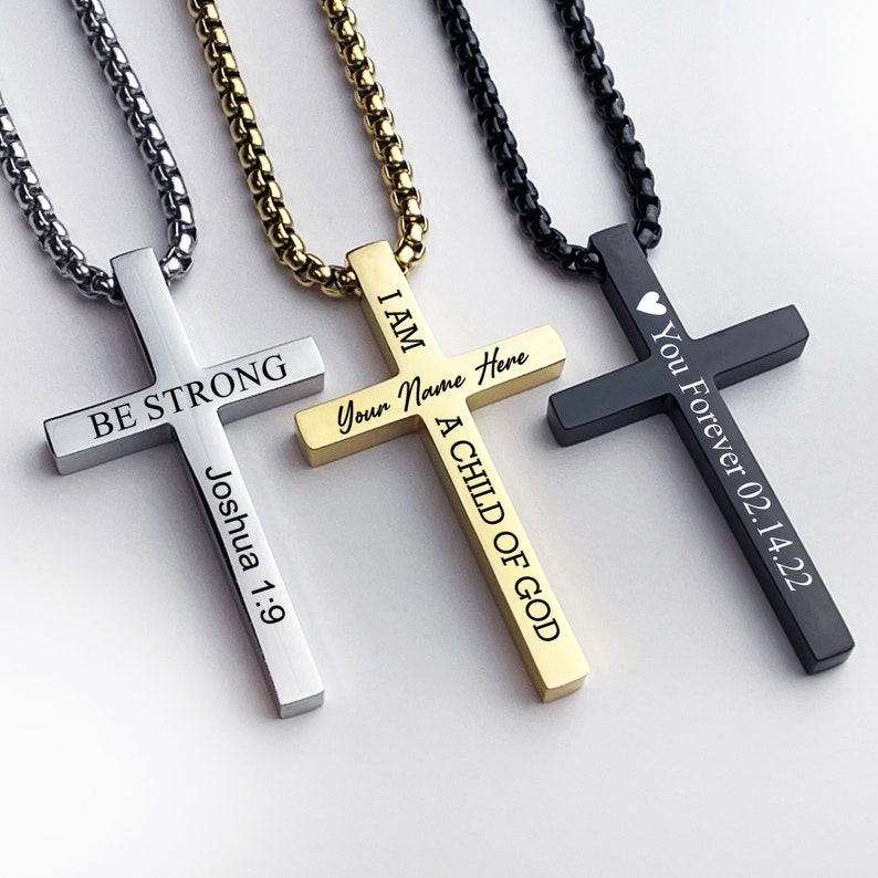 Personalized cross necklace mens gold cross pendant, mens cross, boyfriend gift, mens silver cross jewelry with a name engraved, Black Cross image 1
