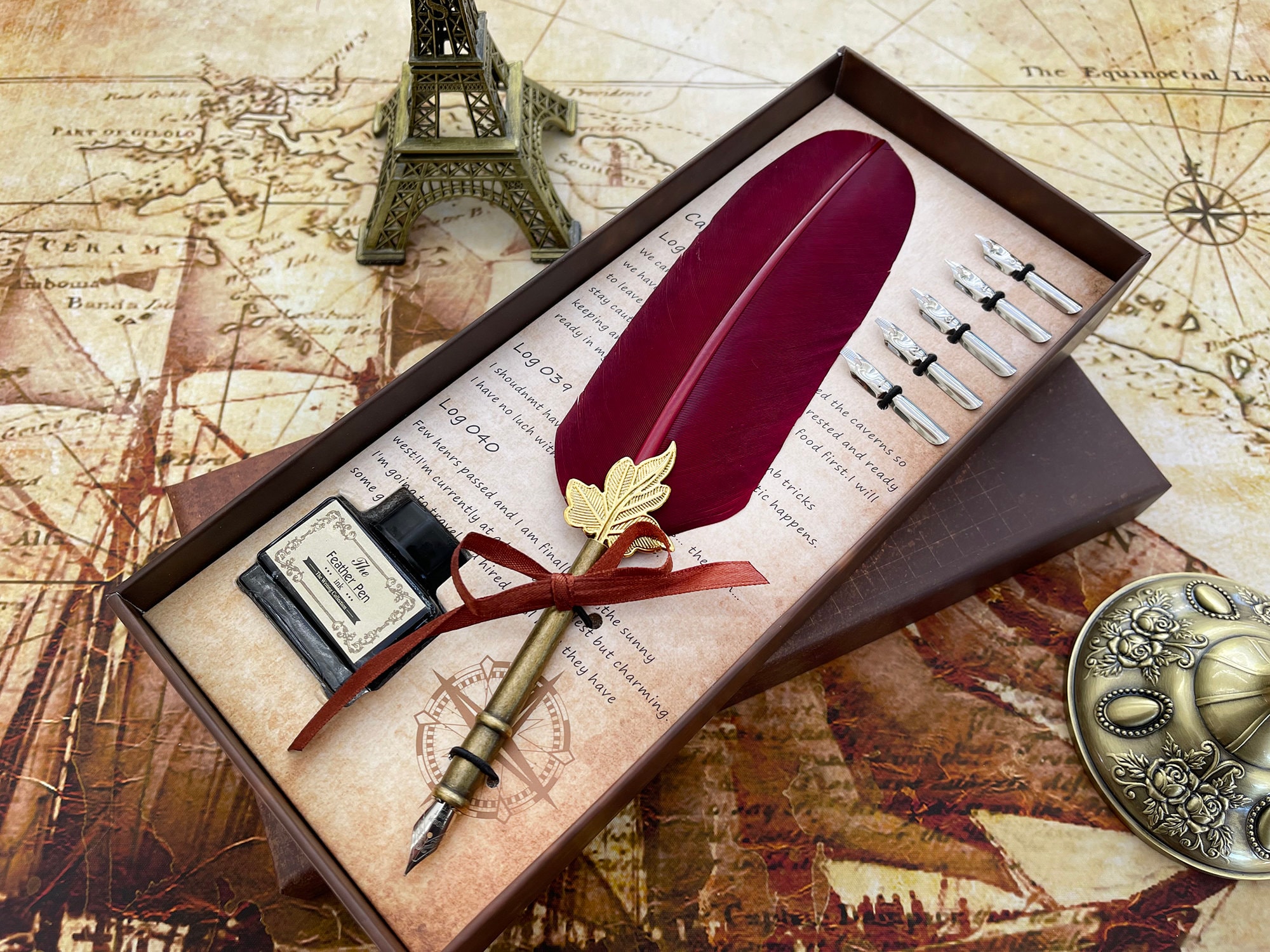 Customized Classic Elegant Feather Pen Antique Vintage Red Quill Pen and Black Ink Set in Gift Box Gifts for Artists and Writers