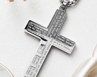 Personalized Bible Verse Cross Necklace for Men, Engraved Silver Cross Pendant, Christian Gift