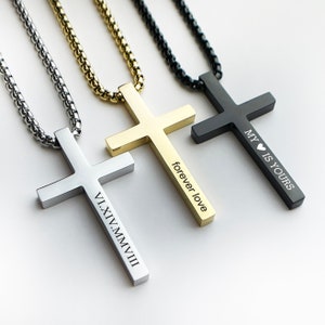 Personalized cross necklace mens gold cross pendant, mens cross, boyfriend gift, mens silver cross jewelry with a name engraved, Black Cross image 8