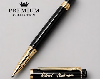 Custom Engraved Rollerball Pen Black Lacquer Gold Trim Fine Point Pen with Gift Box
