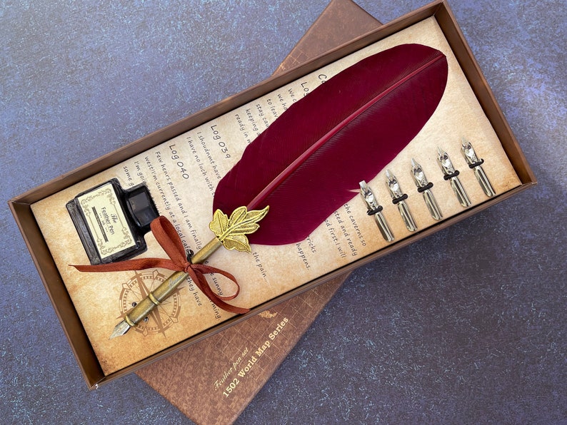 Customized Classic Elegant Feather Pen Antique Vintage Red Quill Pen and Black Ink Set in Gift Box Gifts for Artists and Writers image 8