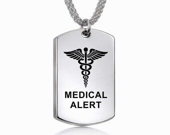 Medical Alert Necklace for Women, Custom Emergency Contact Dog Tag Pendant