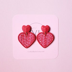 Pink Red Knitted Heart Polymer Clay Earring Handmade Valentine's Day Clay Earring Dangle Cute Heart Knitted jewelry Gift for Her image 2