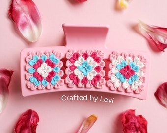 PINK Granny Square Polymer Clay Hair Clip | Crafted by Levi | Handmade Statement Hair Accessories | Gift for Her | Mother's Day Gift