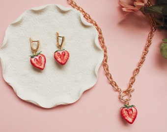 Strawberry Clay Earrings & Necklace | Handmade Strawberry Charms Dangle Polymer Clay Jewelry | Crafted by Levi | 14K Gold Plated