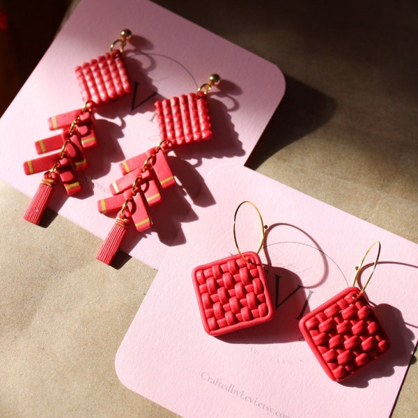 Lunar New Year Polymer Clay Earring | Red Knitted Clay Earring | Firecracker Clay Earring | Handmade Gift for Her | Year of The Rabbit