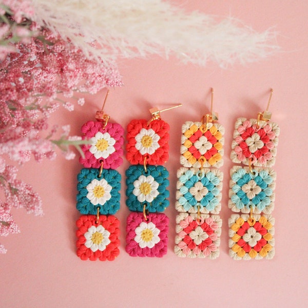 Granny Square Dangle Polymer Clay Earrings | Bright Spring Color Block Clay Earring | Handmade Statement Jewelry | 14K Gold Plated Post