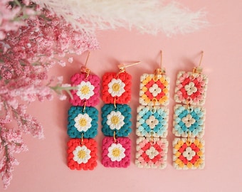 Granny Square Dangle Polymer Clay Earrings | Bright Spring Color Block Clay Earring | Handmade Statement Jewelry | 14K Gold Plated Post