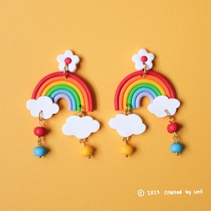 Rainbow Polymer Clay Earrings | Handmade Dangle Cloud Polymer Clay Beads | Statement Rainbow Cloud Jewelry | Gift for Her