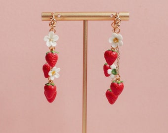 Strawberry Clay Earrings | Handmade Strawberry Charms Dangle Polymer Clay Earrings | Crafted by Levi | Gift for Her | 14K Gold Plated