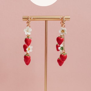 Strawberry Polymer Clay Dangle Earrings | 14K Gold Plated