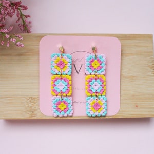 Granny Square Dangle Polymer Clay Earrings Bright Spring Color Block Clay Earring Handmade Statement Jewelry 14K Gold Plated Post Colorful Tones