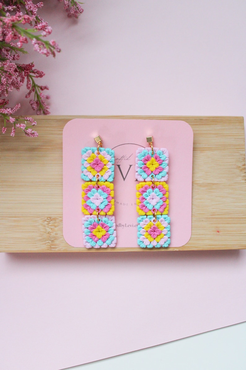 Granny Square Dangle Polymer Clay Earrings Bright Spring Color Block Clay Earring Handmade Statement Jewelry 14K Gold Plated Post Colorful Tones