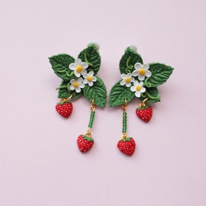 Strawberry Polymer Clay Earrings Beaded Dangle Strawberry Jewelry Handmade Clay Earring Gift for Her Fruit Strawberry Leaf image 5