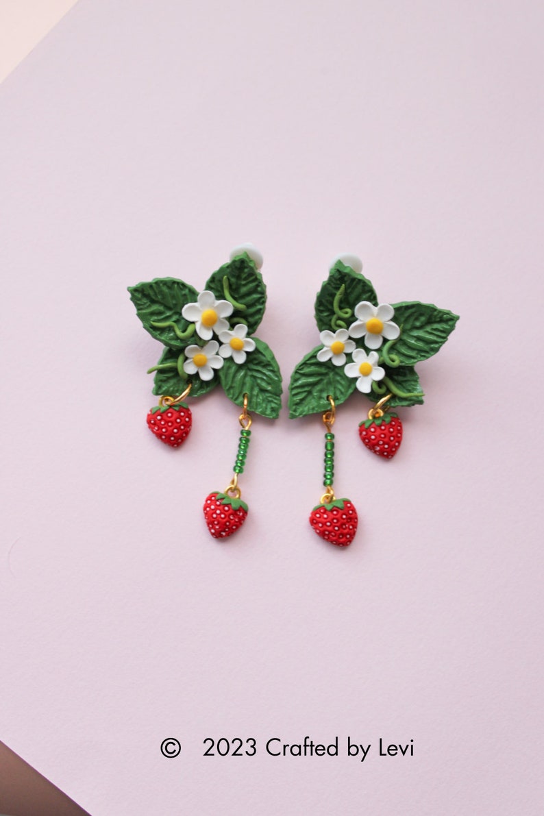 Strawberry Polymer Clay Earrings Beaded Dangle Strawberry Jewelry Handmade Clay Earring Gift for Her Fruit Strawberry Leaf image 5
