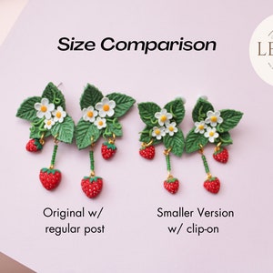 Strawberry Polymer Clay Earrings Beaded Dangle Strawberry Jewelry Handmade Clay Earring Gift for Her Fruit Strawberry Leaf Small - Clip On