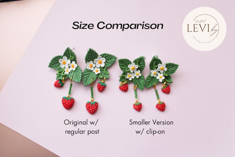 Strawberry Polymer Clay Earrings Beaded Dangle Strawberry Jewelry Handmade Clay Earring Gift for Her Fruit Strawberry Leaf Small - Clip On