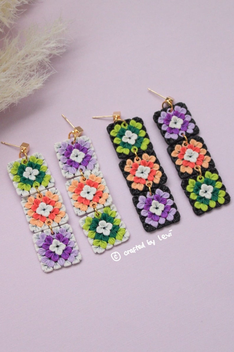 Granny Square Dangle Polymer Clay Earrings Bright Spring Color Block Clay Earring Handmade Statement Jewelry 14K Gold Plated Post image 7