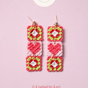 Granny Square Dangle Polymer Clay Earrings Bright Spring Color Block Clay Earring Handmade Statement Jewelry 14K Gold Plated Post Pink Heart
