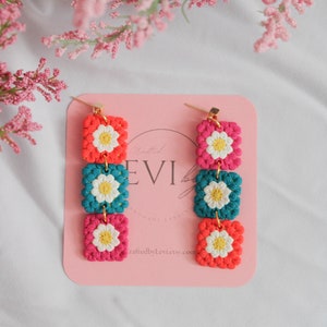 Granny Square Dangle Polymer Clay Earrings Bright Spring Color Block Clay Earring Handmade Statement Jewelry 14K Gold Plated Post Bolder Tones