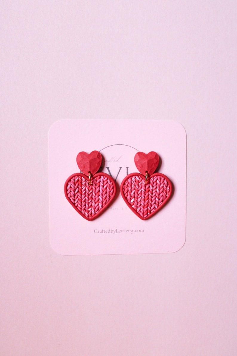 Pink Red Knitted Heart Polymer Clay Earring Handmade Valentine's Day Clay Earring Dangle Cute Heart Knitted jewelry Gift for Her image 2