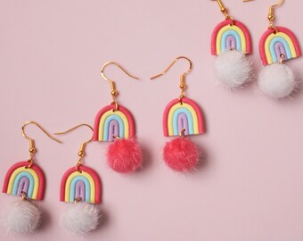 Rainbow Polymer Clay Earrings | Pom Pom Dangle Clay Earrings | Fish Hook Rainbow Clay Jewelry | Statement Polymer Clay Earrings