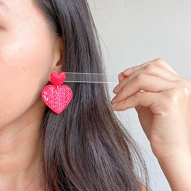 Pink Red Knitted Heart Polymer Clay Earring Handmade Valentine's Day Clay Earring Dangle Cute Heart Knitted jewelry Gift for Her image 3