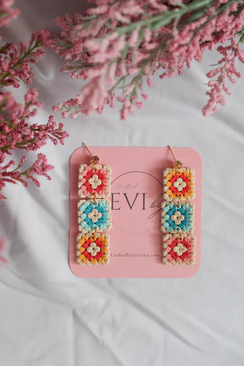 Granny Square Dangle Polymer Clay Earrings Bright Spring Color Block Clay Earring Handmade Statement Jewelry 14K Gold Plated Post Lighter Tones