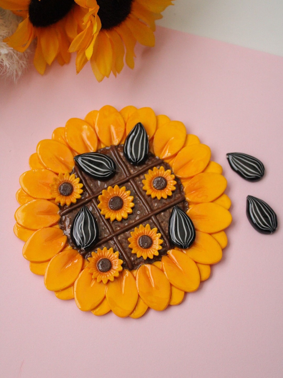 Sunflower Polymer Clay Tic Tac Toe Board Handmade Tic Tac Etsy