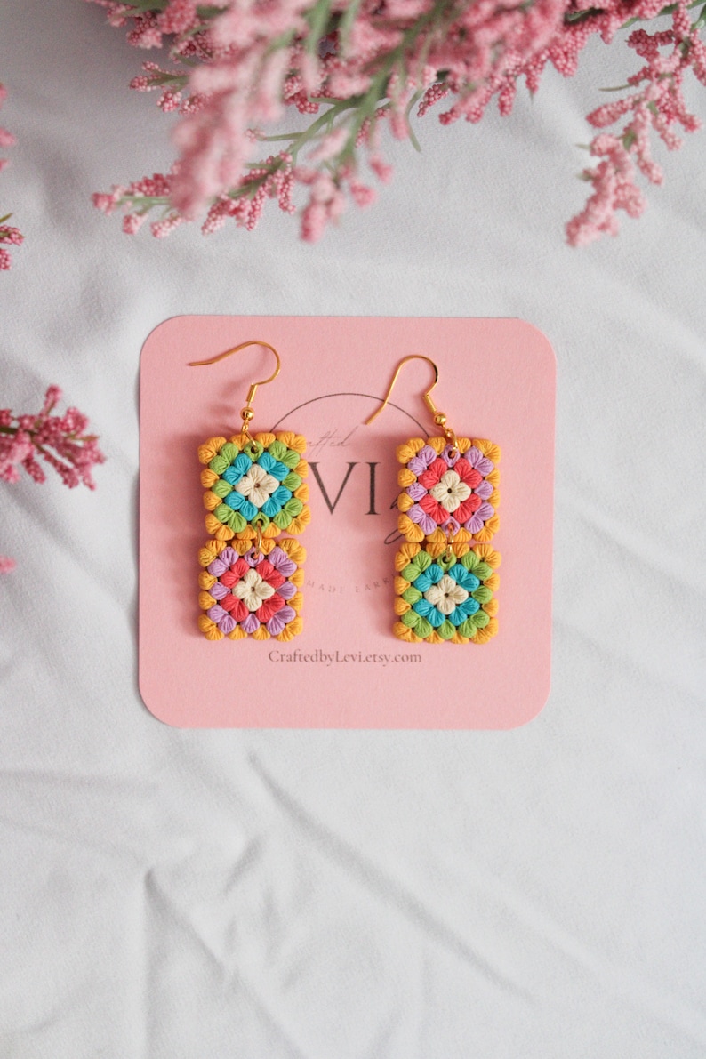 Granny Square Dangle Polymer Clay Earrings Bright Spring Color Block Clay Earring Handmade Statement Jewelry 14K Gold Plated Post 2 tiers
