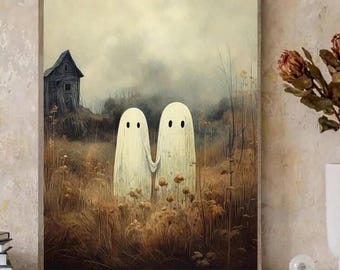 May include: A framed art print featuring two white ghost figures holding hands in a field of tall grass and wildflowers. A weathered wooden building is in the background under a cloudy sky. The artwork has a vintage, slightly muted color palette.