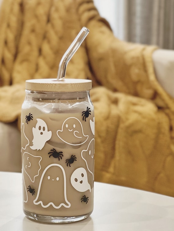 Ghost Glass Cup | Halloween Glass Can | Ghost Iced Coffee Glass | 16 oz  Beer Can Glass with Bamboo Lid