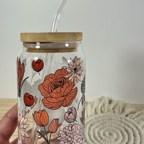 Vintage Floral Iced Coffee Can Glass with Bamboo Lid