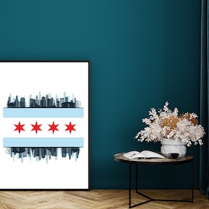 Vlag van Chicago, Chicago Skyline Wall Print, Digitale Download Print, Wall Decor, Grote afdrukbare kunst