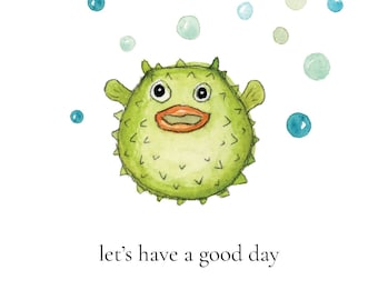 Arte de acuarela de pez globo Pintura de pez Decoración de pared de pez globo Ilustración de pez feliz Arte de pared de pez globo