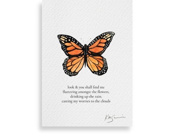 Monarchvlinder aquarel kunstafdruk – Framebare vlinder schilderij met gedicht | Aquarelpoëziekunstwerk, vlindermuurdecoratie