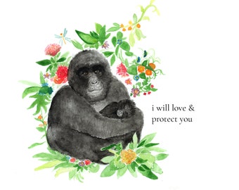 Gorilla Art Monkey Painting Mother Baby Gorilla Nursery Art Gorilla Watercolor Tarzan Art Mother Baby Art Mama Baby Painting New Baby Gift