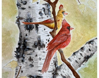 Kardinaal aquarel kunstafdruk | Vogelschilderij muurkunst | Rode kardinaal gele kardinaal muurdecoratie | Aquarel kardinalen