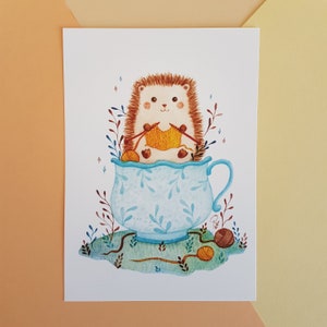 A6 art print - HEDGEHOG MUG - cute hedgehog illustration that knits