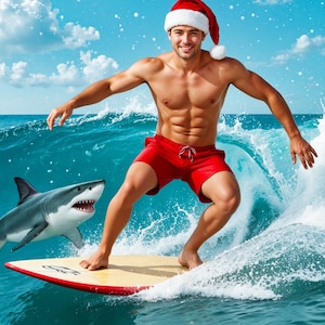 May include: An image of a person wearing a Santa hat and red shorts surfing a wave on a surfboard, with a shark nearby. The image includes the text "Author Name" and "Story Title". The background is a blue sky and ocean.