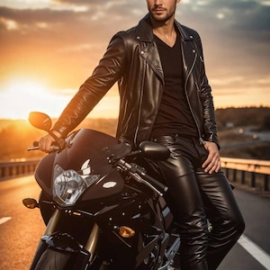May include: A man in a black leather jacket and pants sits on a black motorcycle. The image has the text "Story Title" and "Author Name" at the bottom. The background is a sunset.