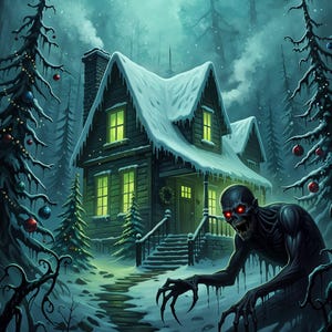 May include: A digital illustration depicts a haunted house in a snowy forest. The house has illuminated green windows and a snow-laden roof. A dark figure with red eyes and claws is in the foreground, creating a chilling Halloween scene.