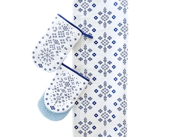 COTTON OVEN MITTS set, Floral Oven Gloves, Modern Retro Kitchen Gloves, Pot Holders, Printed Tea Towel, Kitchen Gift set, Oven Mitts Gift,