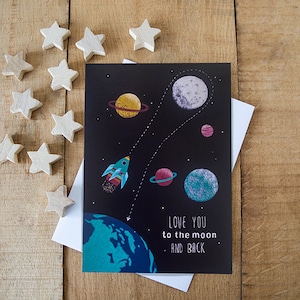Space Planets, Moon and  Rocket, Greeting card, Birthday Card, Kids Birthday Card, 100% recycled